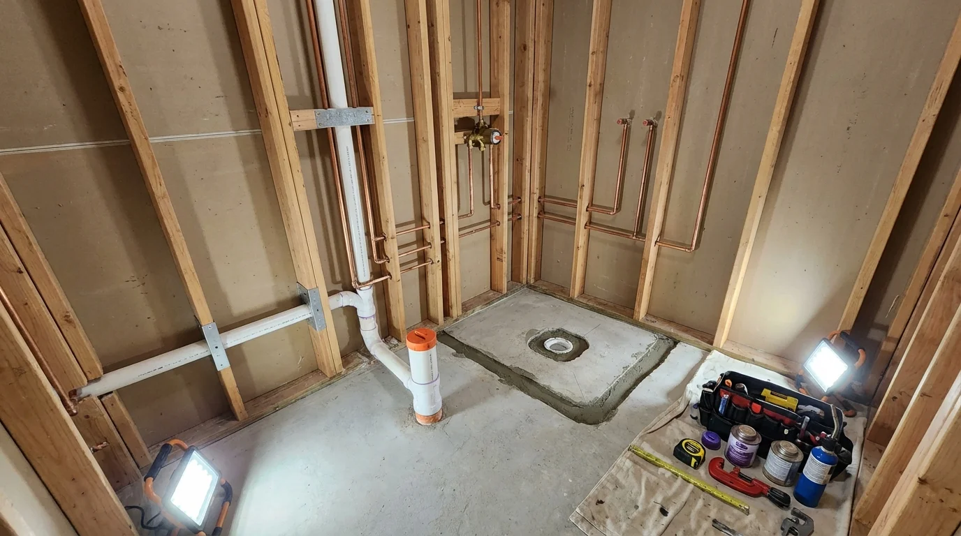 Bathroom rough-in plumbing during remodel by Johns Plumbing LLC in Ocean City