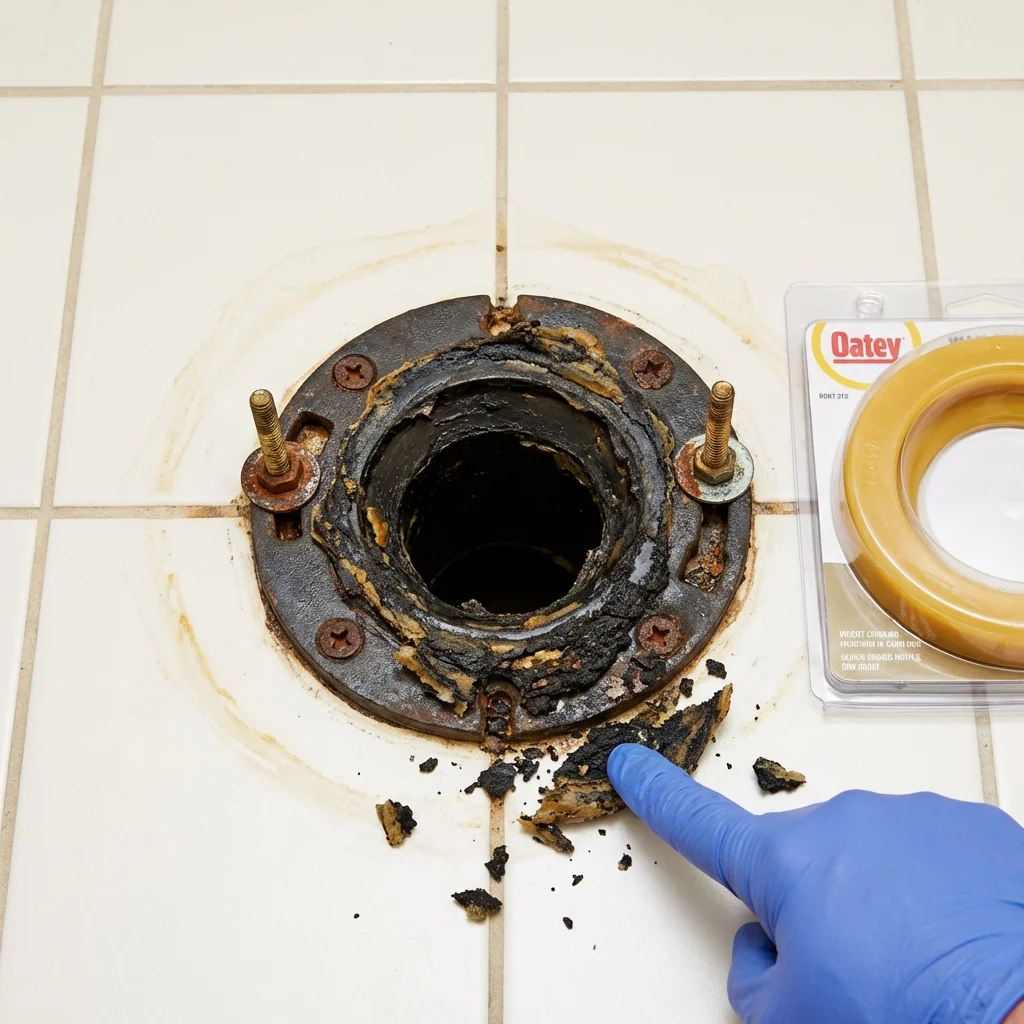 Failed wax ring showing water seepage at the base of a toilet in a Ocean City, MD home