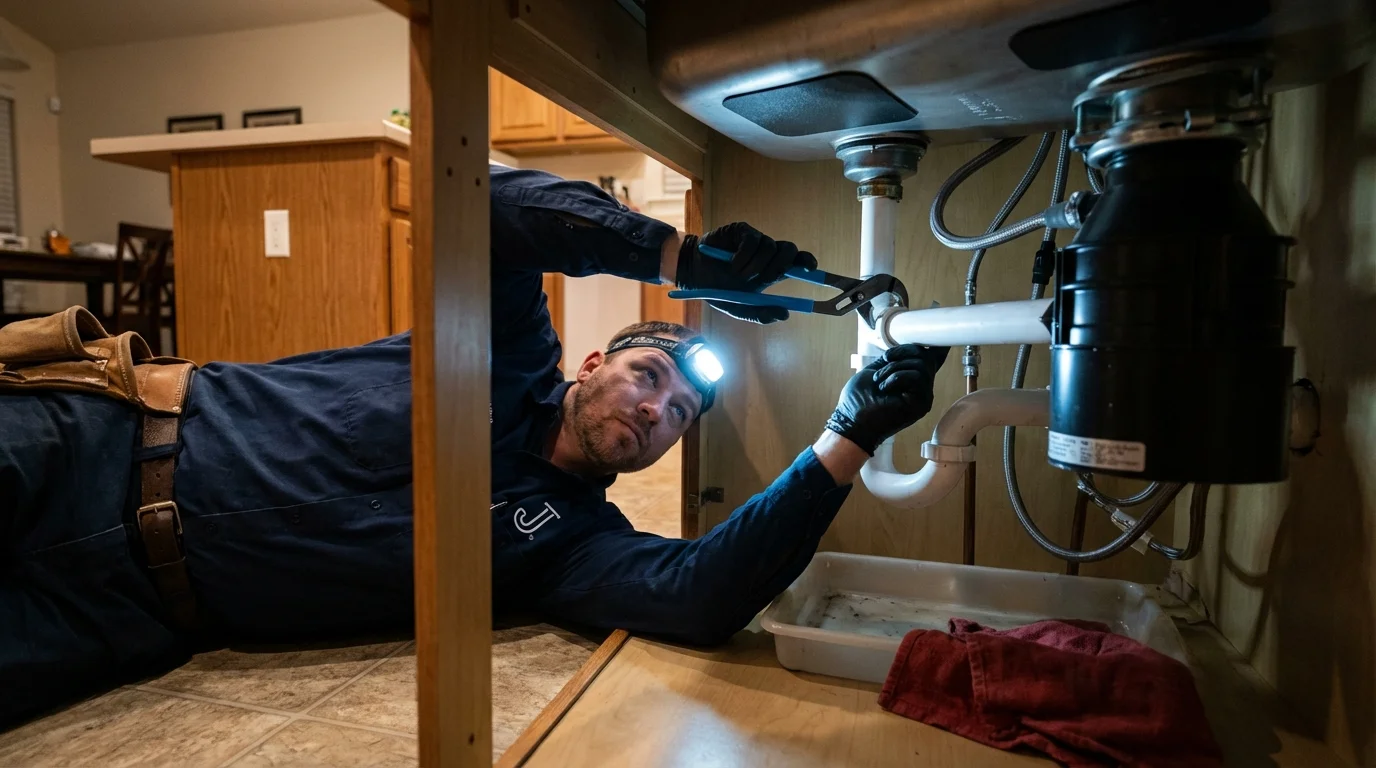 P-trap and supply line connections under a kitchen sink showing a common leak point in Ocean City, MD